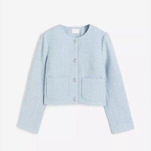 H&M Lady Jacket Blazer Coat Bouclé Textured Light Blue Silver, Small
